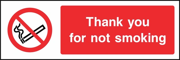 Thank you for not smoking sign. red cigarette or naked-flame prohibition pictogram beside a red wording panel. Artwork SMOK0011.