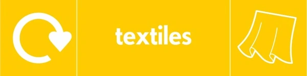 Textiles recycling sign showing white recycling arrow and textile illustration and wording on a yellow letterbox panel. Artwork TEXT0012.