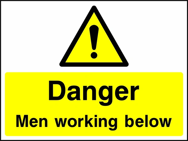 A black exclamation mark inside a yellow warning triangle above black wording on a yellow panel with Danger — Men working below wording. CONS0107 artwork.
