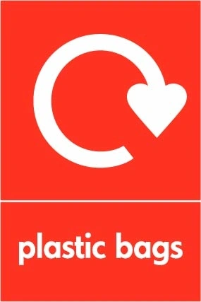 Plastic bags recycling sign showing white recycling arrow and wording on a red portrait panel. Artwork PLAS0017.
