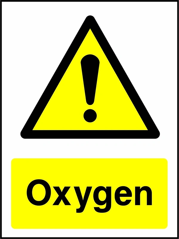 Oxygen sign with yellow triangular exclamation mark pictogram above wording. Artwork CHEM0078.