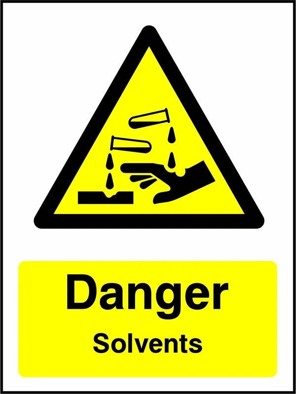 Danger — Solvents sign with yellow triangular corrosion pictogram above wording. Artwork CHEM0052.
