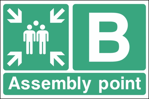 B — Assembly point sign showing assembly point B with group and inward arrows. Artwork EMER0088.