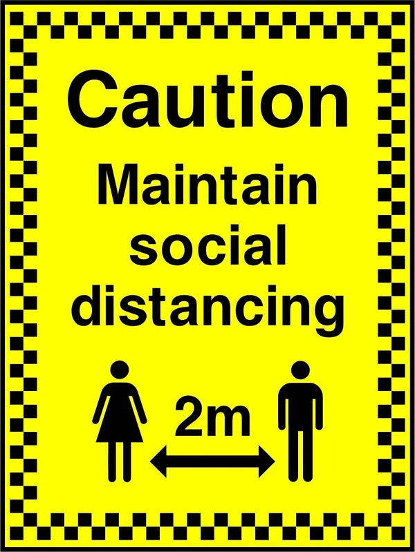 Caution — Maintain social distancing — 2m. a yellow caution panel with the symbol and border shown. Artwork COVI0067.