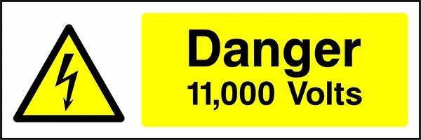 Danger — 11,000 Volts sign showing yellow electrical lightning bolt warning triangle beside wording. Artwork ELEC0006.