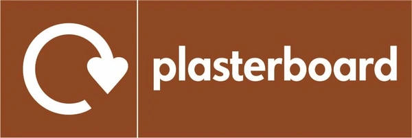 Plasterboard recycling sign showing recycling arrow with white wording on brown. Artwork BUIL0003.