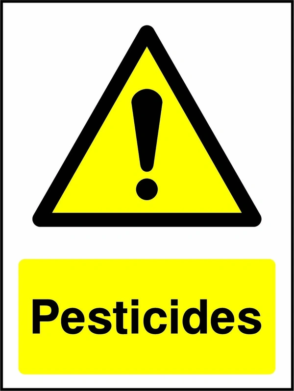 Pesticides sign showing yellow warning triangle and exclamation mark above wording. Artwork COUN0049.
