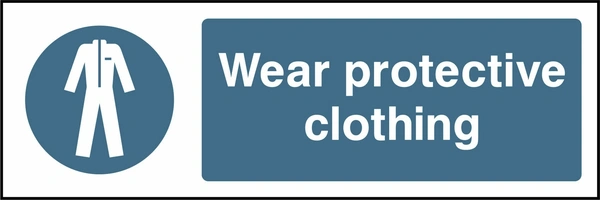 Wear protective clothing sign showing blue mandatory protective-equipment pictogram and wording. Artwork PROT0003.
