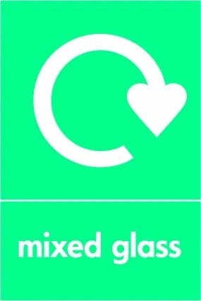 Mixed glass recycling sign showing recycling arrow and wording on a bright green portrait panel. Artwork GLAS0036.