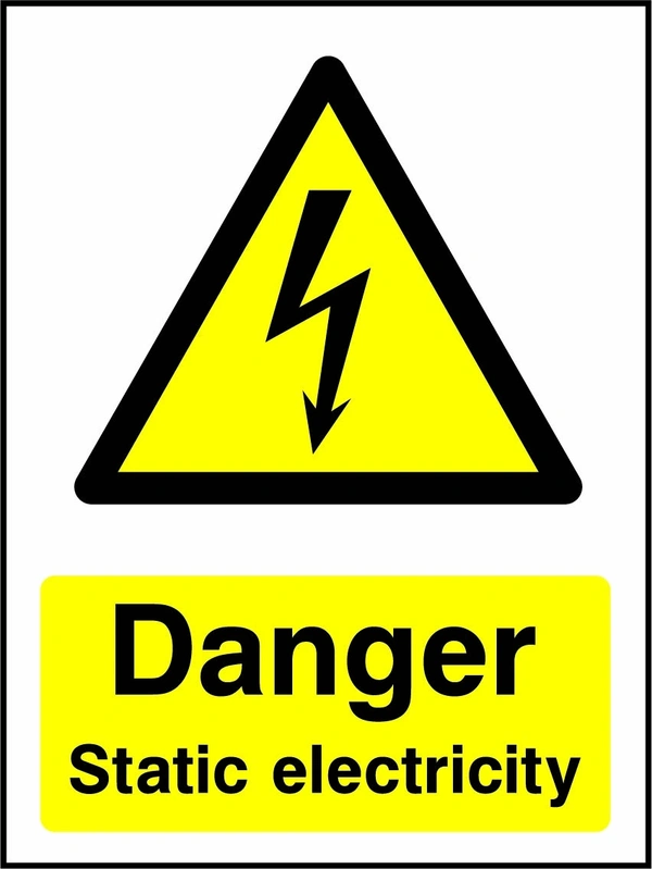 Danger — Static electricity sign showing yellow electrical lightning bolt warning triangle above wording. Artwork ELEC0056.