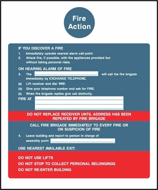 Fire Action printed notice with the original action instructions and layout. Artwork FACT0010.