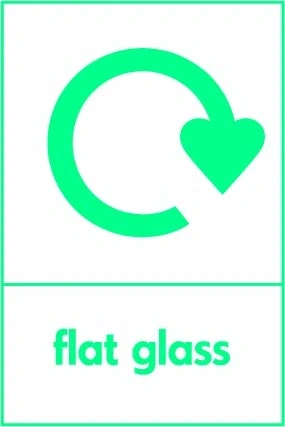 Flat glass recycling sign showing recycling arrow and wording on a green on white portrait panel. Artwork GLAS0029.