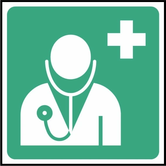 Doctor pictogram sign showing doctor with stethoscope and white cross. Artwork FAID0017.