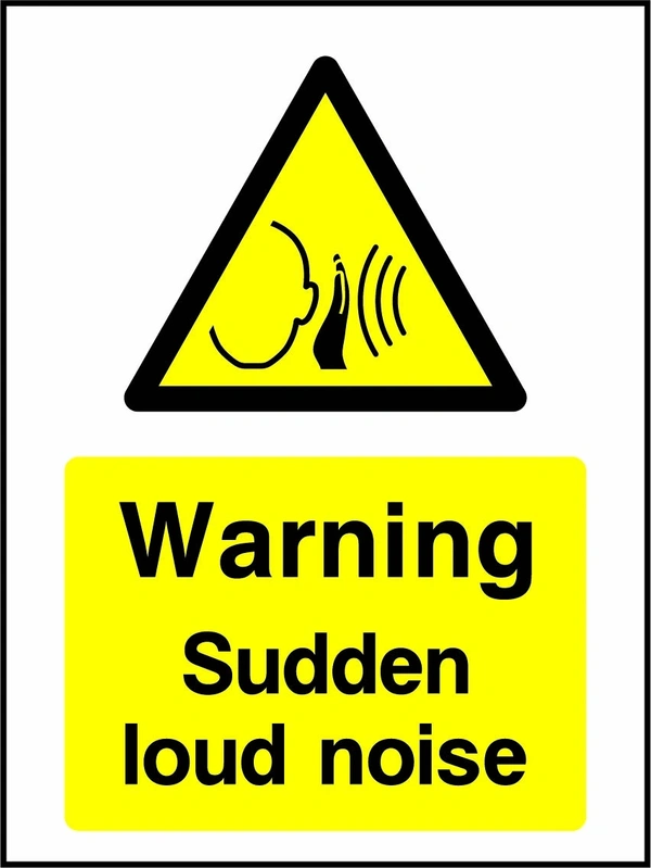 Warning — Sudden loud noise sign showing yellow ear and sound waves warning pictogram above wording. Artwork GENE0093.