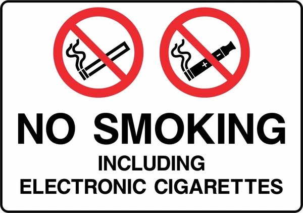 No Smoking Including Electronic Cigarettes sign. two red smoking and vaping prohibition symbols above black wording. Artwork SMOK0084.