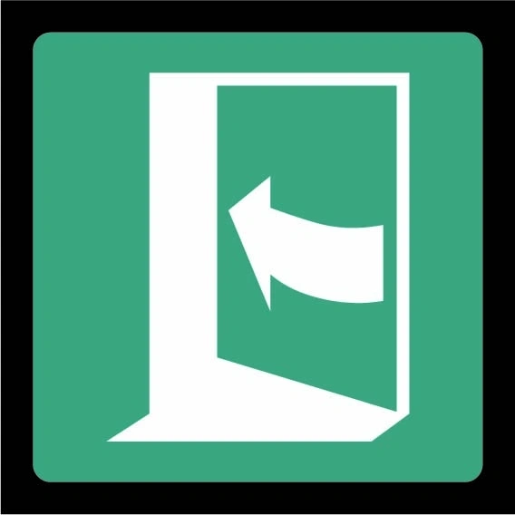 Green and white Door opening direction — Left sign showing left door-opening arrow pictogram. Artwork EMER0057.