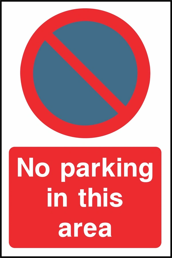 No parking in this area sign. red-and-blue no-parking pictogram and wording. Supplied artwork PARK0066.