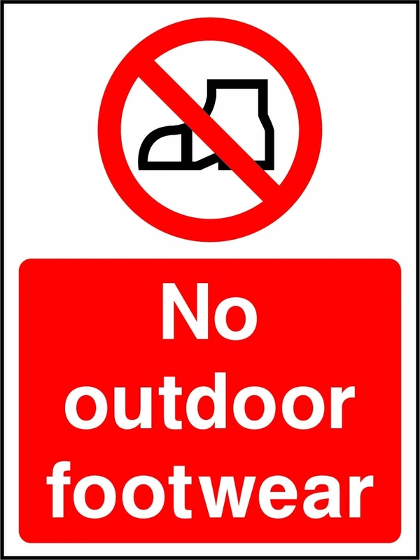 No outdoor footwear sign showing a red prohibition pictogram above the printed instruction. Artwork WATE0014.