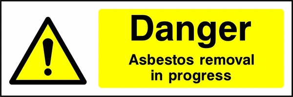 Danger — Asbestos removal in progress sign with yellow triangular exclamation mark pictogram beside wording. Artwork CHEM0025.