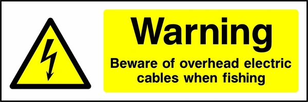 Warning — Beware of overhead electric cables when fishing sign showing yellow electrical lightning bolt warning triangle beside wording. Artwork ELEC0029.