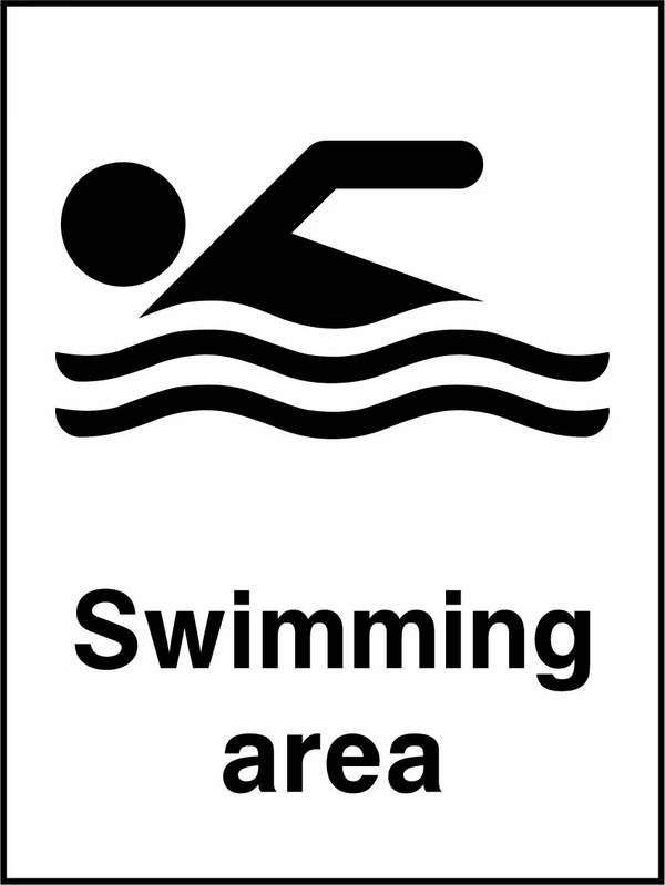 Swimming area sign showing a black water-activity pictogram above the printed wording. Artwork WATE0025.