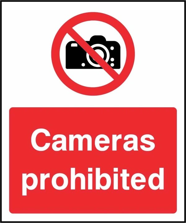 Cameras prohibited sign. red prohibition pictogram and wording. Artwork SECU0024.
