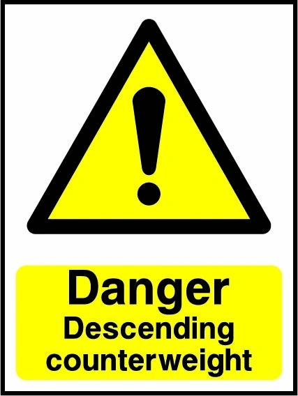 Danger — Descending counterweight sign showing yellow exclamation warning triangle above wording. Artwork LIFT0006.