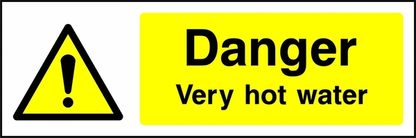 Danger — Very hot water sign showing yellow exclamation warning pictogram beside wording. Artwork GENE0025.