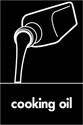 Cooking oil recycling sign showing white waste illustration and wording on a black portrait panel. Artwork ORGA0017.
