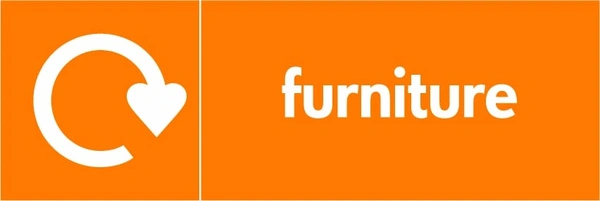 Furniture collection-point artwork with a white recycling arrow and wording on orange. OTHE0005.