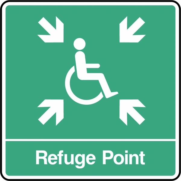 Refuge Point sign showing white wheelchair and inward arrows on a square green panel. Artwork DDA0026.
