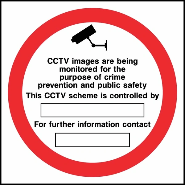 CCTV images are being monitored for the purpose of crime prevention and public safety sign. red-bordered CCTV information panel with blank details fields. Artwork SECU0028.