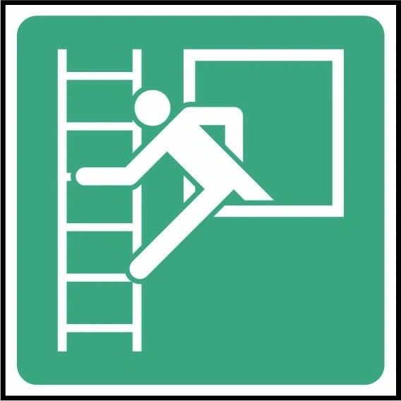 Emergency window with escape ladder sign showing person climbing down a ladder from a window. Artwork FAID0014.