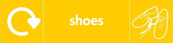 Shoes recycling sign showing white recycling arrow and textile illustration and wording on a yellow letterbox panel. Artwork TEXT0011.