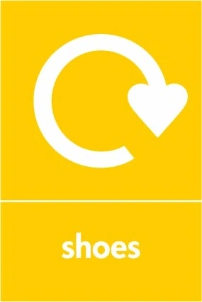 Shoes recycling sign showing white recycling arrow and wording on a yellow portrait panel. Artwork TEXT0015.