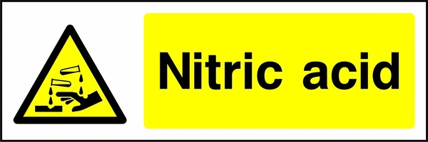 Nitric acid sign with yellow triangular corrosion pictogram beside wording. Artwork CHEM0007.