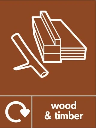 Wood & timber recycling sign showing recycling arrow and material illustration with white wording on brown. Artwork BUIL0039.