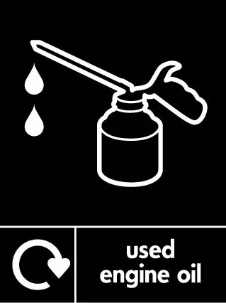 Used engine oil recycling sign showing recycling arrow and item illustration with white wording on black. Artwork AUTO0020.