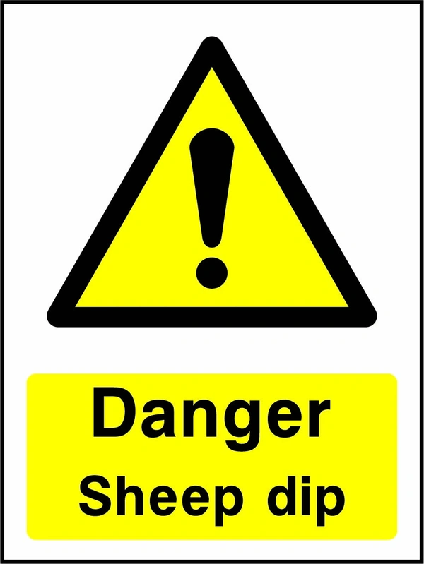 Danger — Sheep dip sign showing yellow warning triangle and exclamation mark above wording. Artwork COUN0054.