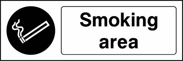 Smoking area sign. black cigarette pictogram beside a black-and-white text panel. Artwork SMOK0071.