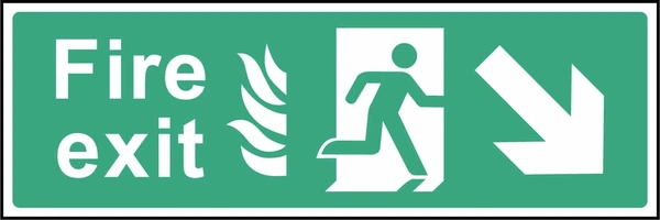 Green and white Fire exit sign showing down-right arrow. Artwork EMER0022.