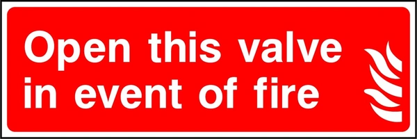 Open this valve in event of fire sign showing valve instruction beside flame pictogram. Artwork FEQP0040.