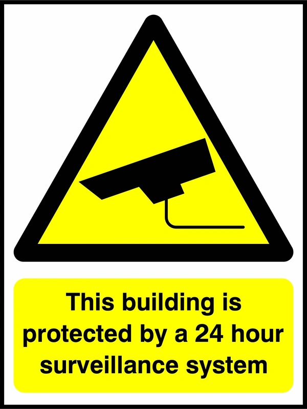This building is protected by a 24 hour surveillance system sign. yellow CCTV camera warning triangle and wording. Artwork SECU0032.