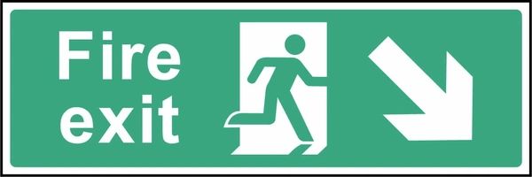 Green and white Fire exit sign with a down right arrow and running-person escape symbol. Letterbox artwork EMER0006.