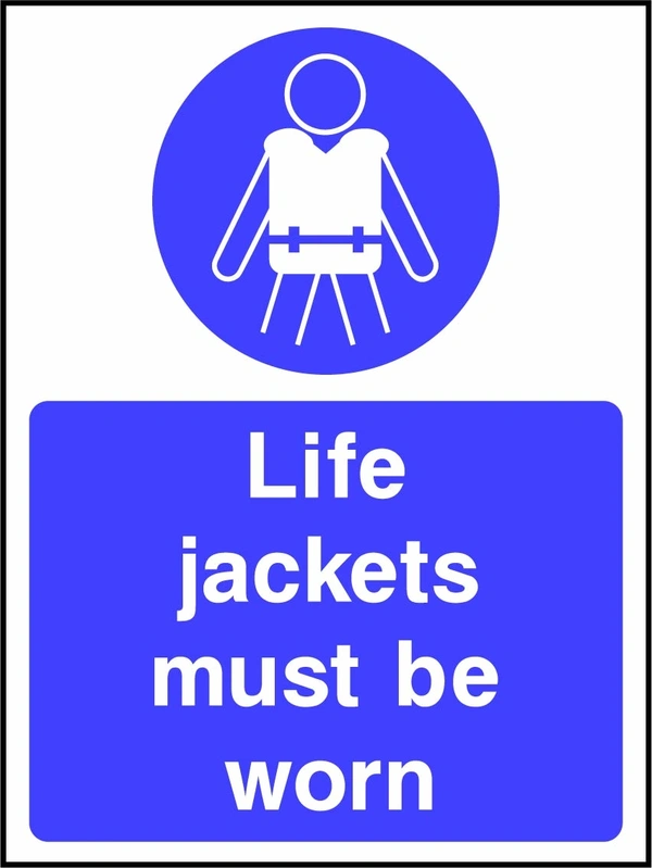 Life jackets must be worn sign showing a blue instruction pictogram above the printed wording. Artwork WATE0052.