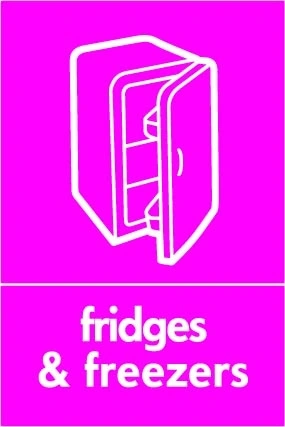 Fridges & freezers sign showing white fridge pictogram above wording on magenta background. Artwork ELEC0082.