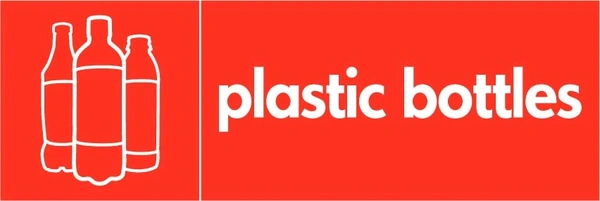 Plastic bottles recycling sign showing white plastic illustration and wording on a red letterbox panel. Artwork PLAS0008.