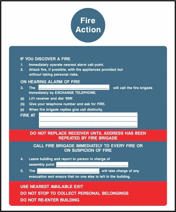 Fire Action printed notice with the original action instructions and layout. Artwork FACT0013.