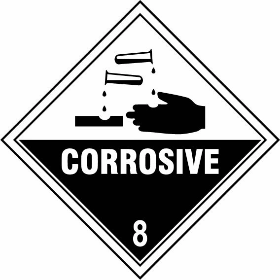 Corrosive — 8 sign showing diamond-shaped dangerous-substance symbol with supplied colours and markings. Artwork DANG0030.