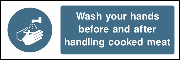 Wash your hands before and after handling cooked meat. Food processing sign artwork FOOD0050.